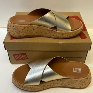 Fitflop F-mode Metallic leather/cork flat form cross slides